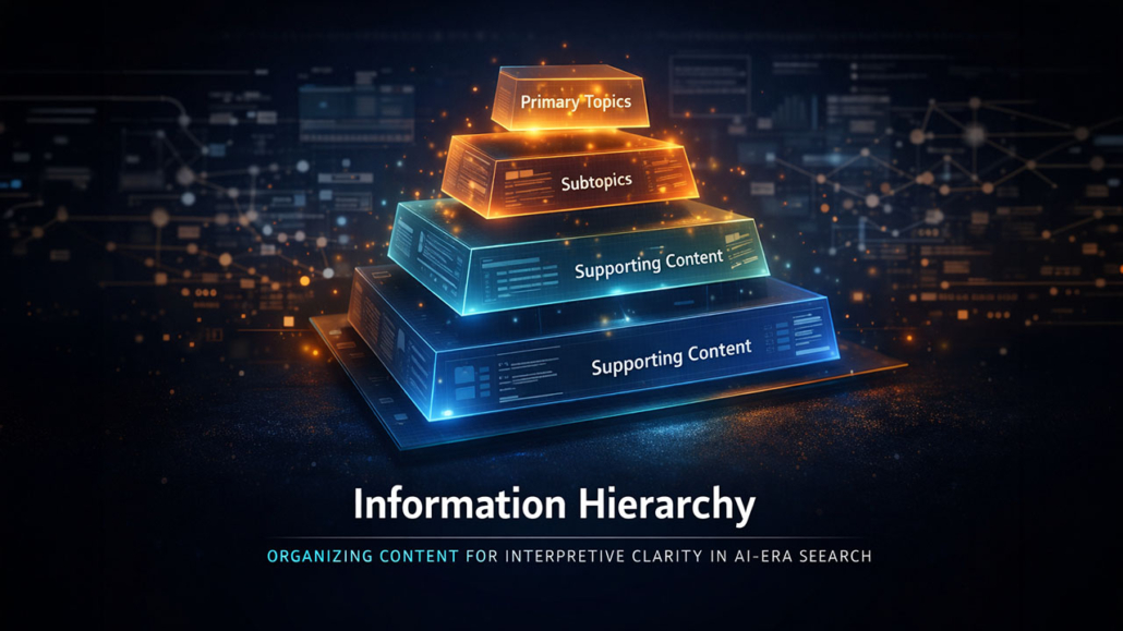 Layered visual representation of information hierarchy showing primary topics, subtopics, and supporting content in AI-era search architecture.
